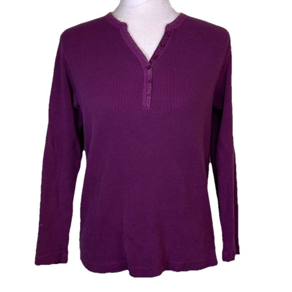 Women's Purple Waffle Knit Henley Top Long Sleeve Thermal Cozy Casual Layering M